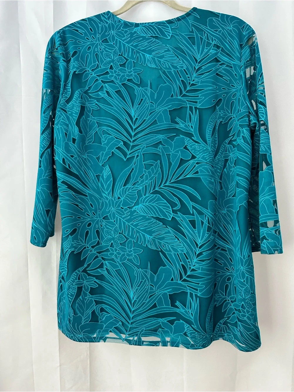 Chico's Size 2 Teal Floral V-Neck Tunic Top Sheer Tropical Botanical - Picture 2 of 6